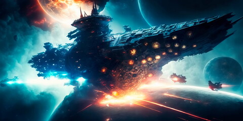 Battleship fighting space monsters in another galaxy Generative AI - obrazy, fototapety, plakaty