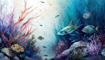 Fototapeta na wymiar Beautiful bright summer sea landscape. Ocean underwater watercolor illustration Generative AI illustration. Fish swimming in sea