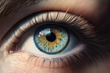 Human eye close-up detail woman eye with day beauty makeup and long natural eyelashes. Girl with perfect skin Generative AI
