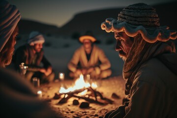 Epic Desert heritage Nights: Bedouin and Berber Campfires Under the Starry Sky AI Generative  - obrazy, fototapety, plakaty