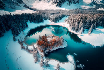Aerial view to the beautiful snowy mountain lake with forest. Winter landscape. Generative AI