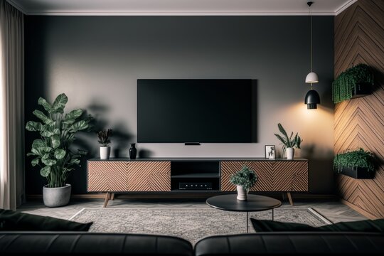 Transform your living room into a stylish space by incorporating a TV cabinet, wide angle, and carpet decor, adding a touch of elegance to your home decor.