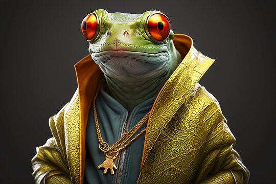 Frog in golden jacket with golden chains, businessman, cool red-eyed tree frog. Illustration. Generative AI.