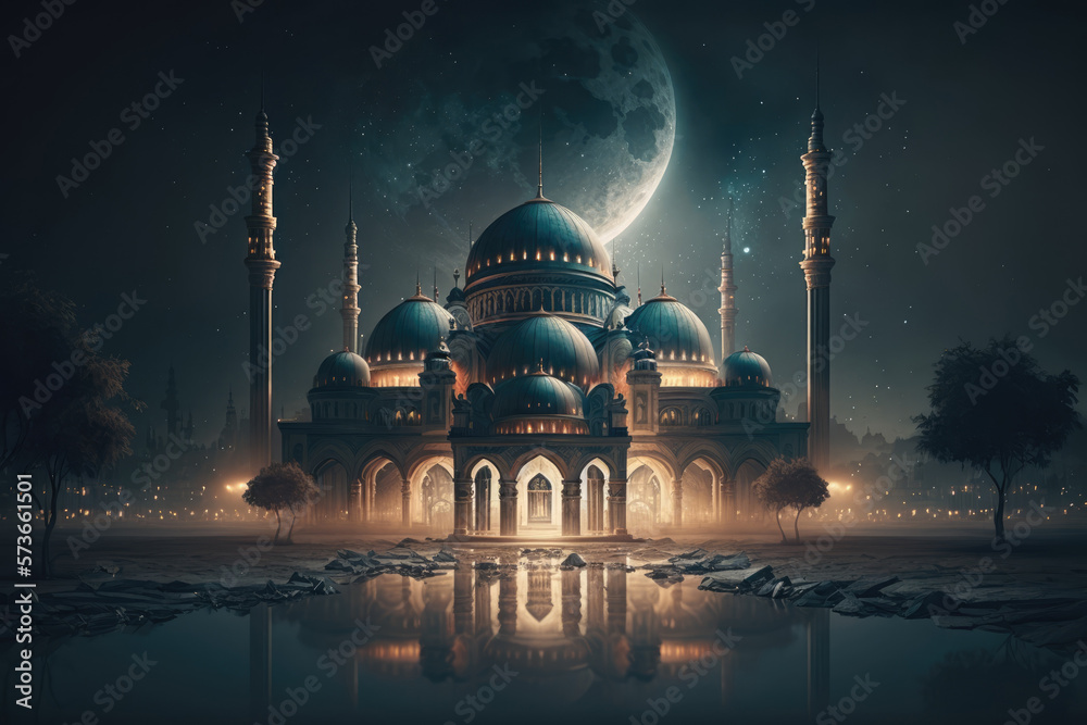 Wall mural mosque at night. mosque building in magic moon light. ramadan kareem wallpaper. eid ai fitr. eid al 