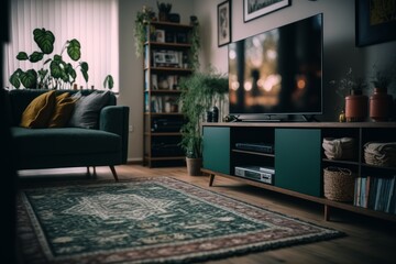 Transform your living room into a stylish space by incorporating a TV cabinet, wide angle, and carpet decor, adding a touch of elegance to your home decor.