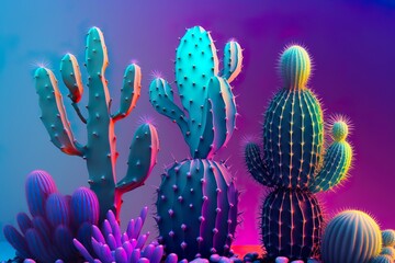 Cactus plant with soap bubble and neon background. Contemporary style.Generative AI