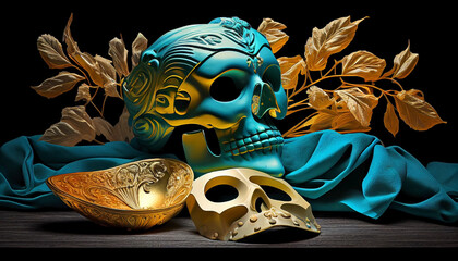 Ai generated. World theater day. Dark still life with theatrical elements: A blue skull on a wrinkled cyan cloth along with some golden leaves and a small mask to cover the face.