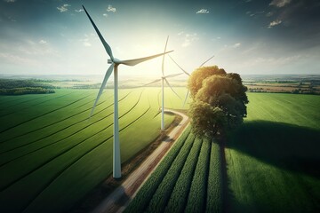 Windmills and green fields, green energy, Generative AI - obrazy, fototapety, plakaty