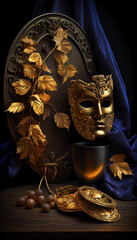 Ai generated. World theater day. Dark still life with theatrical elements: Gold coins, fruit, a large plate with leaves made of gold, and a golden mask.