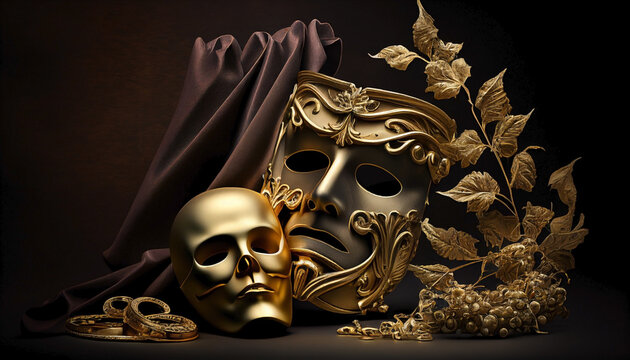 Ai generated. World theater day. Dark still life with theatrical elements: A mask and a golden caravel together with a lot of leaves made of gold.
