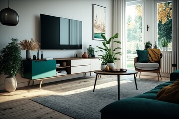 Transform your living room into a stylish space by incorporating a TV cabinet, wide angle, and carpet decor, adding a touch of elegance to your home decor.