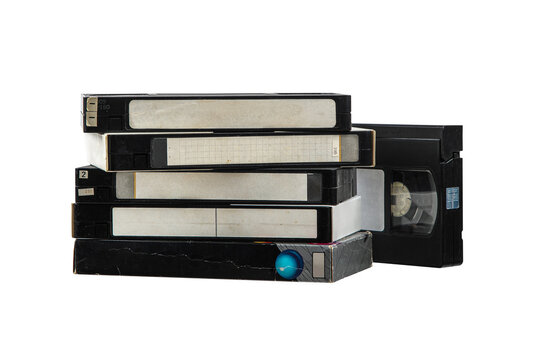 Pile of VHS video cassettes. Vintage media. Isolate on a white back.