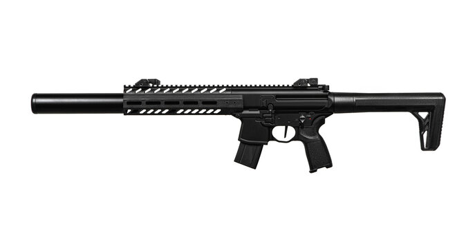 Modern air rifle. Pneumatic replica of the m4 carbine. A copy of the weapon with mechanical sights. Isolate on a white background.