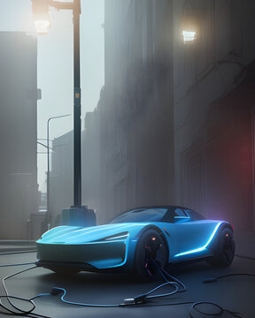 une voiture sportive électrique en charge dans une ville futuriste - IA Generative