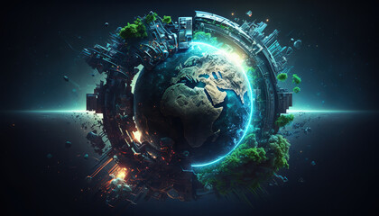Future planet Earth, concept of futuristic technical progress, Generative Ai