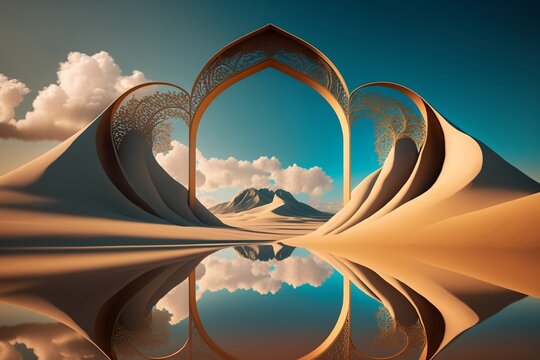 Mystical Arch Gate On Dunes With Reflection In River, Fantasy Land World, Generative AI