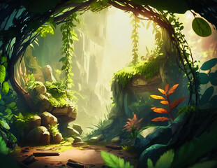 Green jungle with rocks against a sun glare in a watercolor style.AI generated.