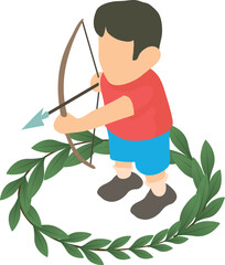 Archer icon isometric vector. Male athlete archer with bow inside winner wreath. Competition, sport concept