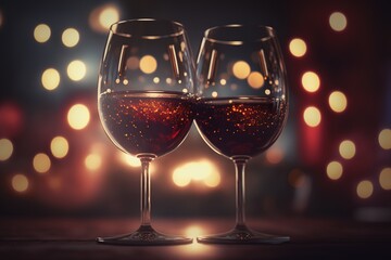 Wine glasses on the table with bokeh lights on a dark background created with Generative AI technology