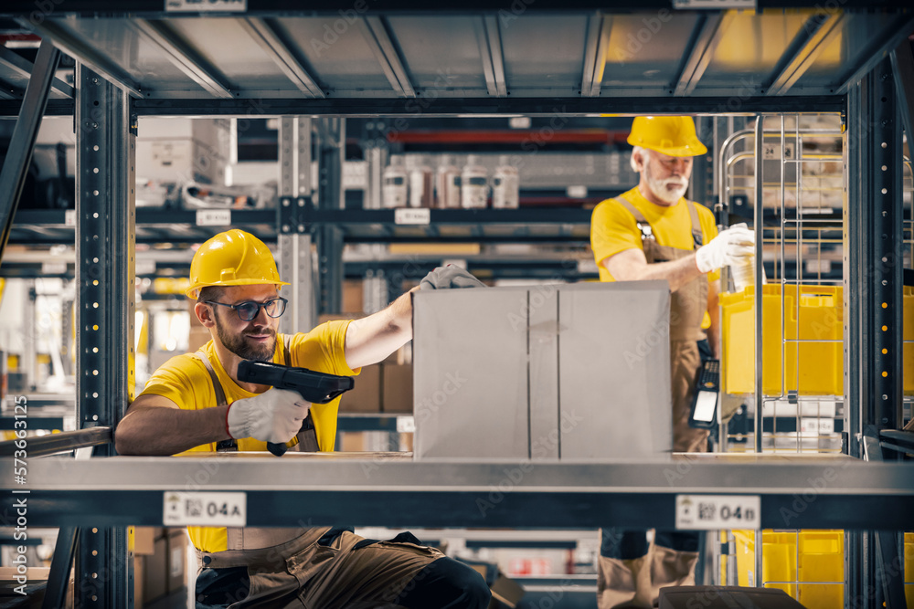 Wall mural Warehouse workers scanning barcodes on boxes