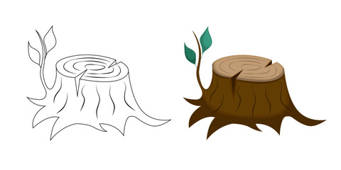 Illustration for coloring page on the theme of summer and travel. Tree stump in twig and leaves. Vector illustration coloring book.