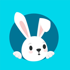 A cute bunny looks out of a hole. Vector illustration of isolated head in flat style. Hare, rabbit, rabbit for Easter design