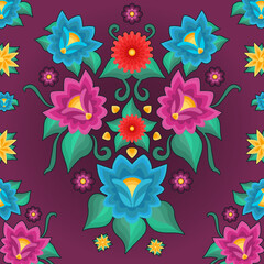 Fondo de arreglo floral, estilo bordado de Yucatán. Vector.