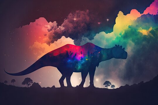 The background is a rainbow sky with a giant dinosaur. Generative AI © 2ragon
