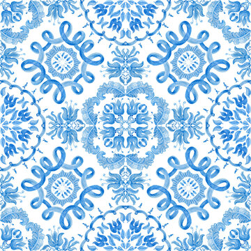 Watercolor painted tile, indigo blue hand drawn Baroque and floral ornaments isolated on a transparent background. Damask seamless pattern