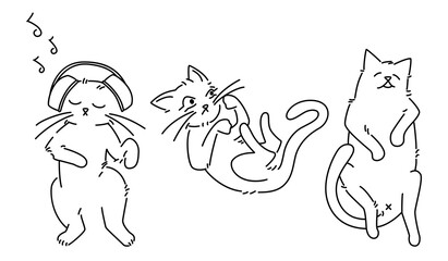 Seamless pattern with black line drawings of cats set against a white background. The repeating design is ideal projects such fabrics, wallpaper, wrapping paper