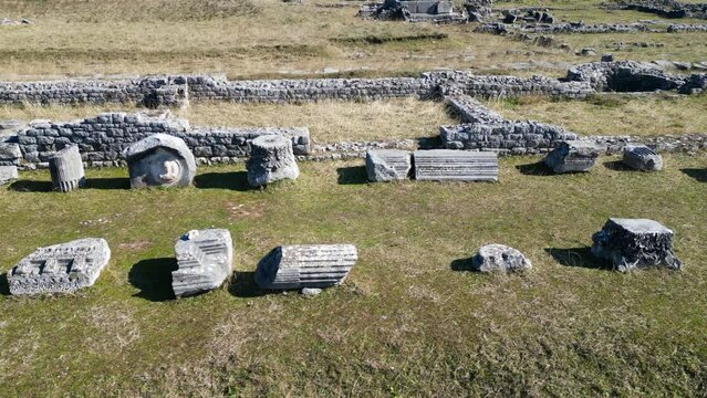 Roman town Doclea, ancient locality in Montenegro, drone aerial view