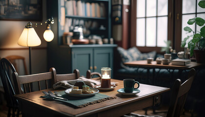 beautiful calm interior of a cozy cafe, generative ai