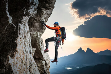 rock climber person on a rock cliff with sunset background, generative ai