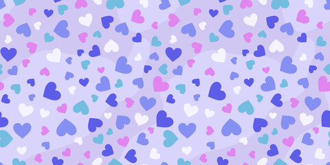 Vector seamless pattern with small scattered hearts. Abstract geometric texture. Cute elegant background in purple, lilac, pink and blue color. Love and Valentine's day theme. Stylish repeat design