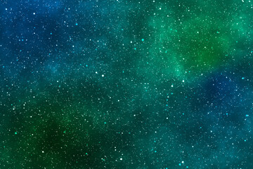 Starry night image with the blue and green galaxy in the cosmic space.