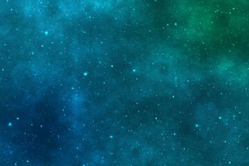 Starry night image background with stars and green nebula in the cosmic space.