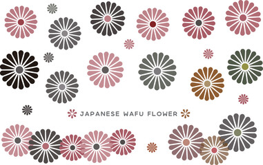 Collection of Japanese traditional flowers in various colors and sizes. Vector illustration isolated on a white background.