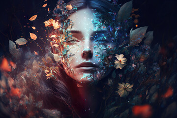 double exposure of a beautiful fantasy woman and a colorful magical abstract background, generative ai