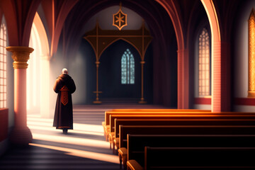 A priest silhouette inside of a church. Generative AI.