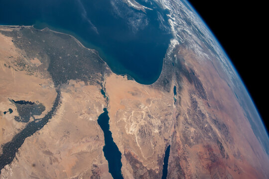 The Nile River, The Red Sea, The Gulf of Oman, The Gulf of Aqaba, and The Mediterranean Sea. Elements of this image furnished by NASA. Selective focus included.