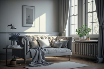 Modern living room with sofa, super realistic photo, generative ai background