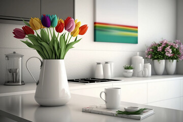 Multicolors tulips in a vase in a white modern kitchen, generative AI