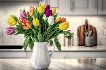 Multicolors tulips in a vase in a white modern kitchen, generative AI