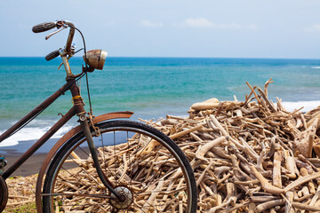 Old bicycle parked on tropical sea beach
