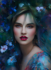 Portrait of a beautiful woman, Digital painting of a beautiful girl, Digital illustration of a female face.
