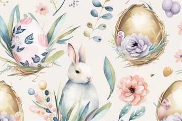 Seamless Easter Egg Pattern with Bunny in Pastel Colours - Flower Leaf Background Design Generative AI Illustration