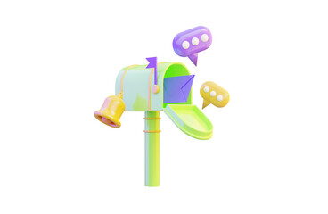 mail box with message chat notifications bell and envelop sign on white background 3d render concept