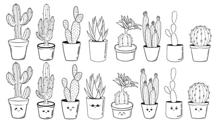 Big set of cactuses in the pots, set of house plants in ceramic vase. Boho style, pastel colors vector art