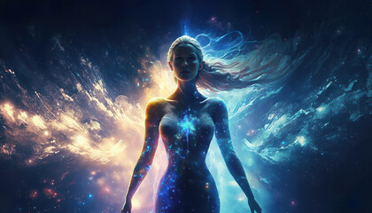 magical fantasy portrait of a beautiful angel woman in the night with glowing  energy lights and particles on an abstract galaxy background, generative ai - obrazy, fototapety, plakaty