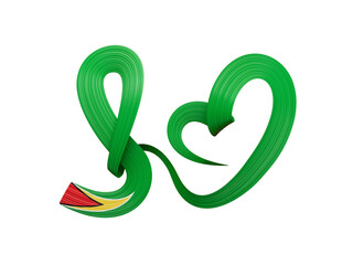 3d Flag Of Guyana, Heart Shaped Green Wavy Awareness Ribbon On White Background, 3d illustration